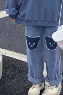 Y2K Grunge Baggy Denim Jeans With Bear Patch - Retro 90S Fashion, Y2K Summer Outfits