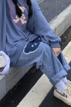 Y2K Grunge Baggy Denim Jeans With Bear Patch - Retro 90S Fashion, Y2K Summer Outfits