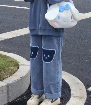 Y2K Grunge Baggy Denim Jeans With Bear Patch - Retro 90S Fashion, Y2K Summer Outfits