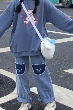 Y2K Grunge Baggy Denim Jeans With Bear Patch - Retro 90S Fashion, Y2K Summer Outfits