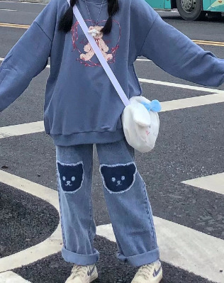 Y2K Grunge Baggy Denim Jeans With Bear Patch - Retro 90S Fashion, Y2K Summer Outfits