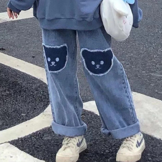 Y2K Grunge Baggy Denim Jeans With Bear Patch - Retro 90S Fashion, Y2K Summer Outfits