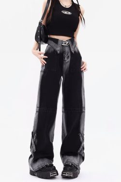 Y2K Grunge Black And Gray Jeans - Retro 90S Fashion, Summer Y2K Outfits, Gothic Y2K Style