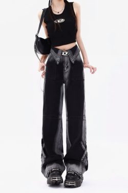 Y2K Grunge Black And Gray Jeans - Retro 90S Fashion, Summer Y2K Outfits, Gothic Y2K Style