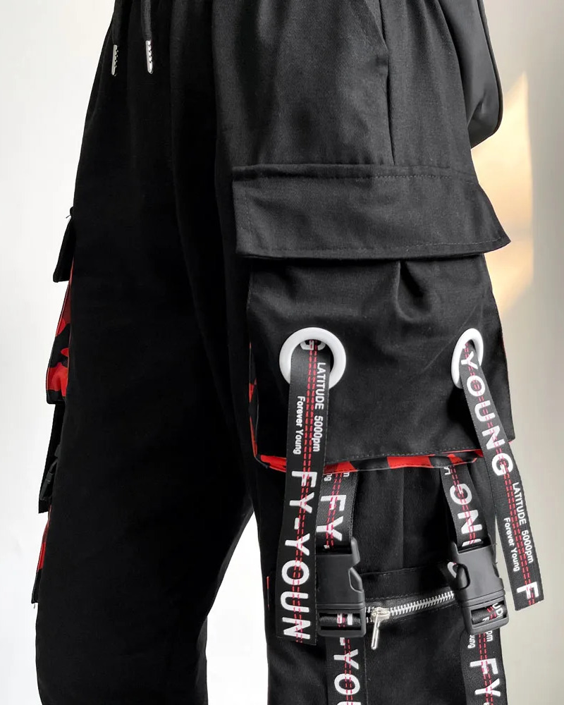 Y2K Grunge Black And Red Cargo Pants - 90S Retro Style, Y2K Summer Outfits, Gothic Y2K Fashion
