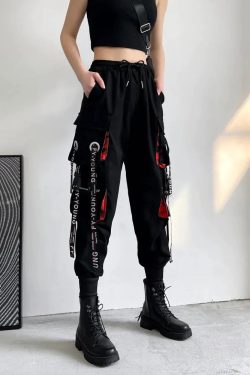 Y2K Grunge Black And Red Cargo Pants - 90S Retro Style, Y2K Summer Outfits, Gothic Y2K Fashion