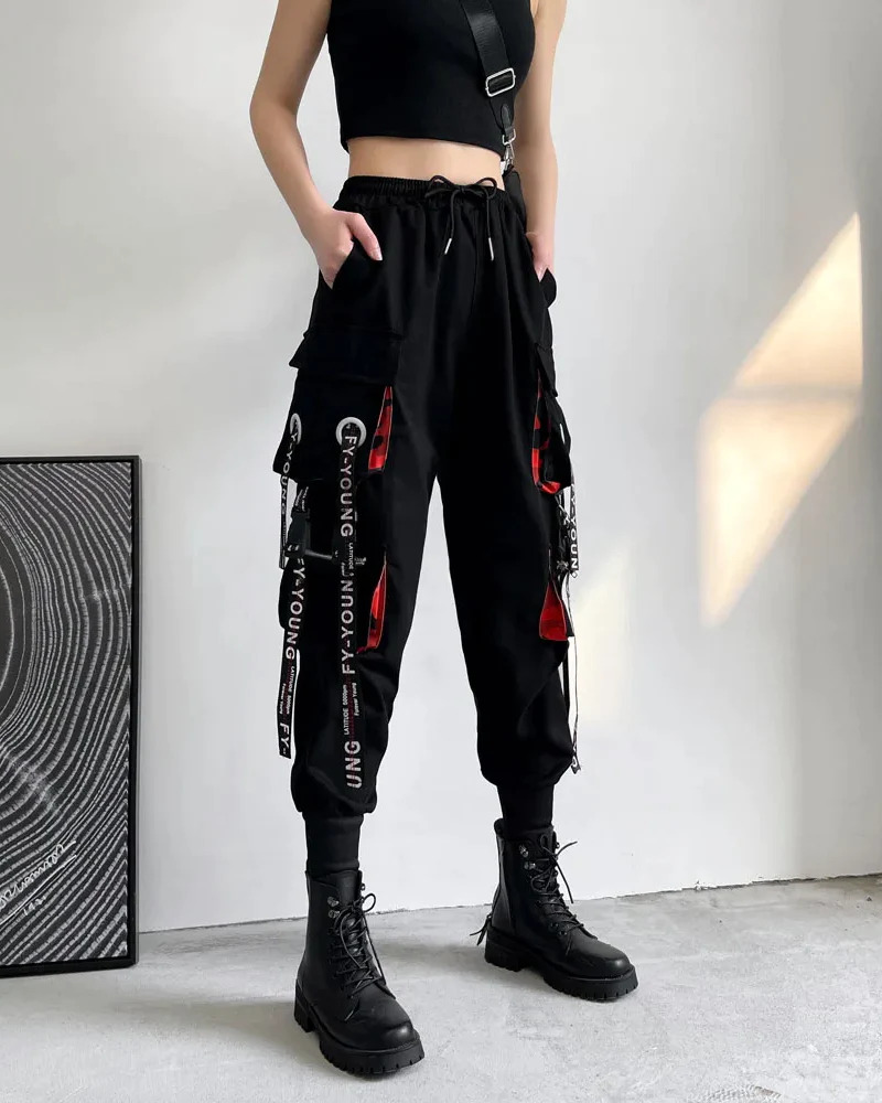Y2K Grunge Black And Red Cargo Pants - 90S Retro Style, Y2K Summer Outfits, Gothic Y2K Fashion
