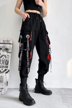 Y2K Grunge Black And Red Cargo Pants - 90S Retro Style, Y2K Summer Outfits, Gothic Y2K Fashion
