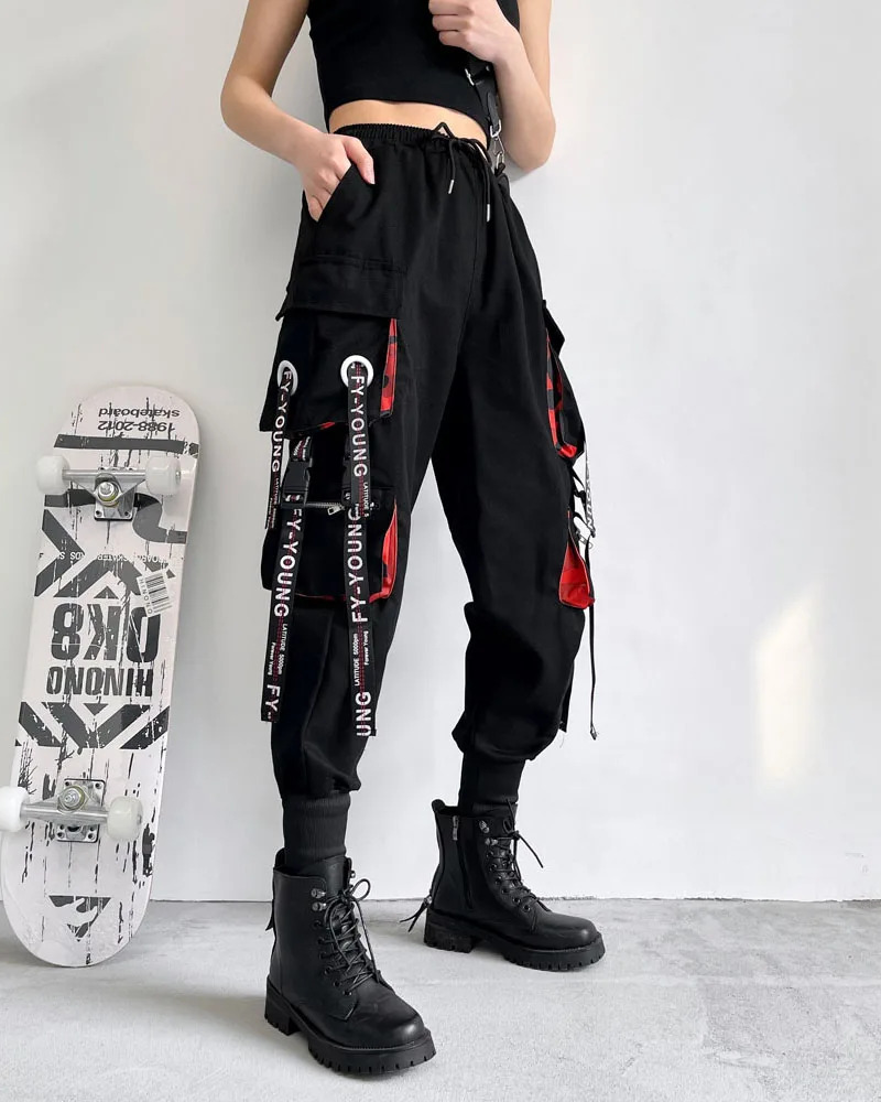 Y2K Grunge Black And Red Cargo Pants - 90S Retro Style, Y2K Summer Outfits, Gothic Y2K Fashion
