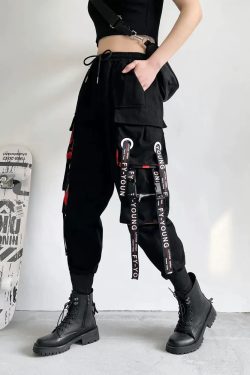 Y2K Grunge Black And Red Cargo Pants - 90S Retro Style, Y2K Summer Outfits, Gothic Y2K Fashion