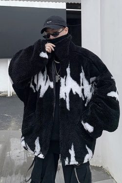 Y2K Grunge Black And White Fleece Jacket - Retro 90S Fashion, Y2K Outfits, Gothic Y2K Style