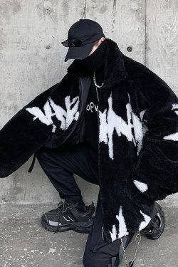 Y2K Grunge Black And White Fleece Jacket - Retro 90S Fashion, Y2K Outfits, Gothic Y2K Style