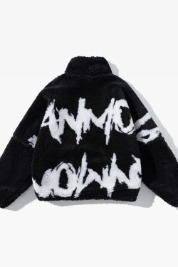 Y2K Grunge Black And White Fleece Jacket - Retro 90S Fashion, Y2K Outfits, Gothic Y2K Style