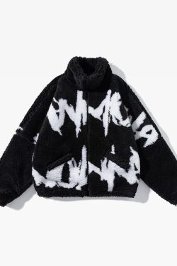 Y2K Grunge Black And White Fleece Jacket - Retro 90S Fashion, Y2K Outfits, Gothic Y2K Style