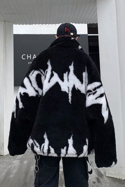 Y2K Grunge Black And White Fleece Jacket - Retro 90S Fashion, Y2K Outfits, Gothic Y2K Style