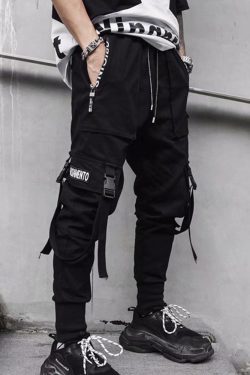 Y2K Grunge Black Cargo Pants With Straps - 90S Retro, Y2K Summer, Gothic Y2K Fashion
