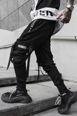 Y2K Grunge Black Cargo Pants With Straps - 90S Retro, Y2K Summer, Gothic Y2K Fashion