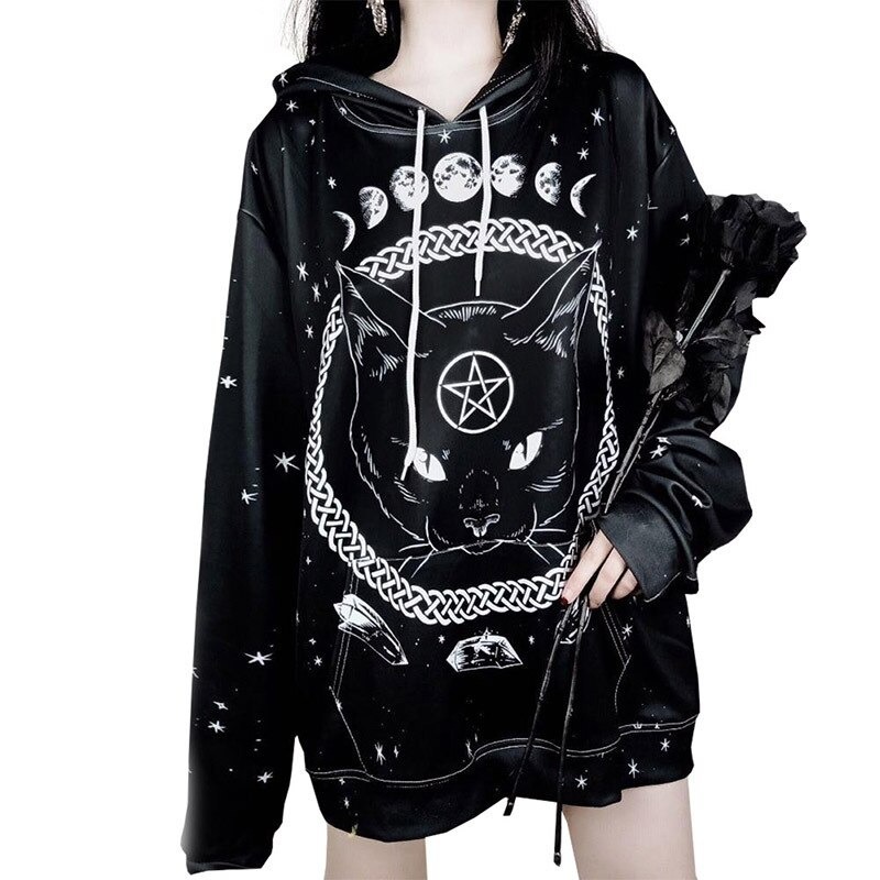 Y2K Grunge Black Cat Hoodie - Retro 90S Fashion, Y2K Summer Outfits, Gothic Y2K Style