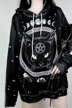 Y2K Grunge Black Cat Hoodie - Retro 90S Fashion, Y2K Summer Outfits, Gothic Y2K Style