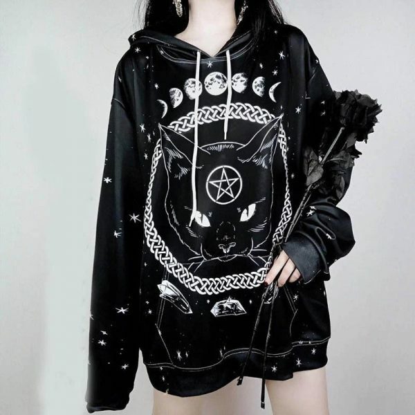 Y2K Grunge Black Cat Hoodie - Retro 90S Fashion, Y2K Summer Outfits, Gothic Y2K Style
