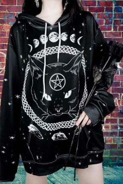 Y2K Grunge Black Cat Hoodie - Retro 90S Fashion, Y2K Summer Outfits, Gothic Y2K Style