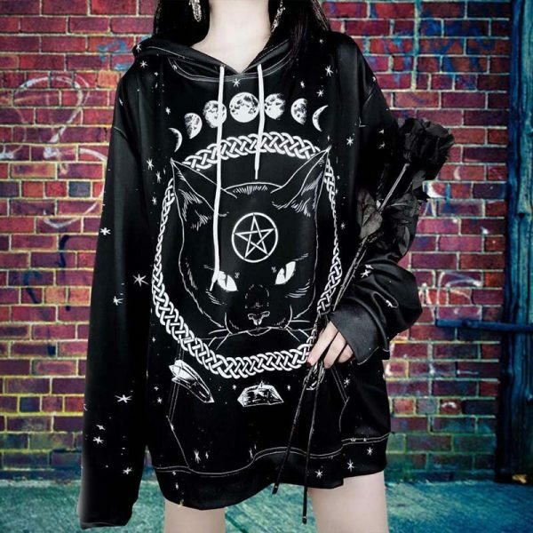 Y2K Grunge Black Cat Hoodie - Retro 90S Fashion, Y2K Summer Outfits, Gothic Y2K Style