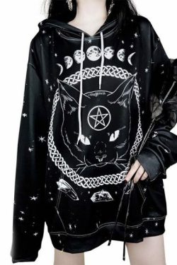 Y2K Grunge Black Cat Hoodie - Retro 90S Fashion, Y2K Summer Outfits, Gothic Y2K Style