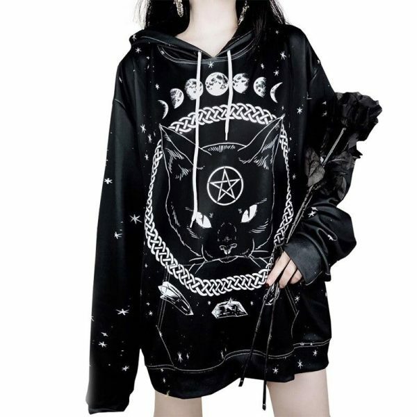 Y2K Grunge Black Cat Hoodie - Retro 90S Fashion, Y2K Summer Outfits, Gothic Y2K Style