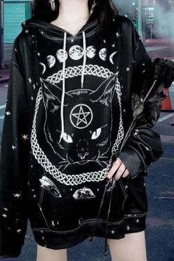 Y2K Grunge Black Cat Hoodie - Retro 90S Fashion, Y2K Summer Outfits, Gothic Y2K Style