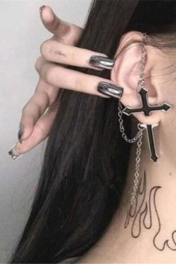 Y2K Grunge Black Cross Long Chain Earrings - Retro 90S Fashion, Gothic Y2K, Pastel Goth Style