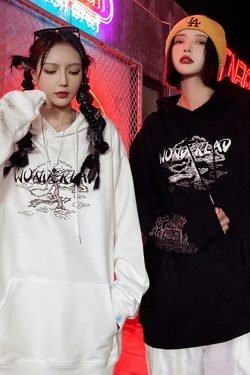 Y2K Grunge Black Japanese Hoodie - Retro 90S Fashion, Summer Y2K Outfits, Gothic Y2K Style
