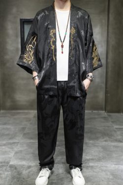 Y2K Grunge Black Kimono With Pants - Retro 90S Summer Outfit, Gothic Y2K Fashion