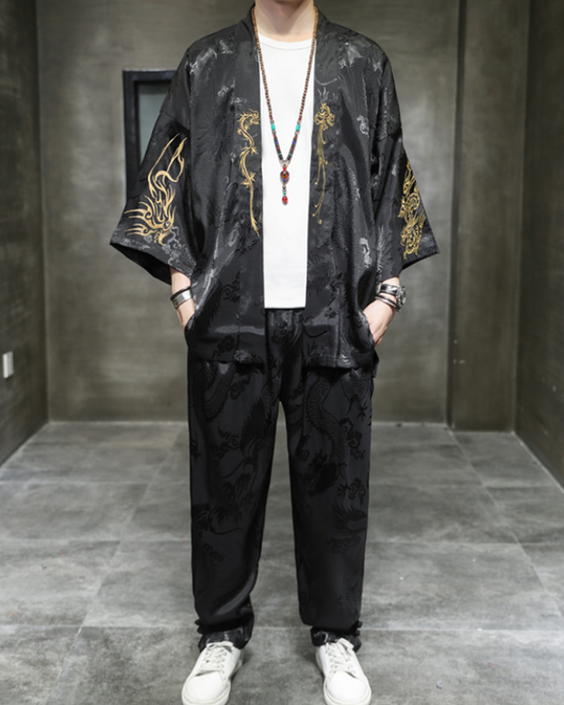 Y2K Grunge Black Kimono With Pants - Retro 90S Summer Outfit, Gothic Y2K Fashion