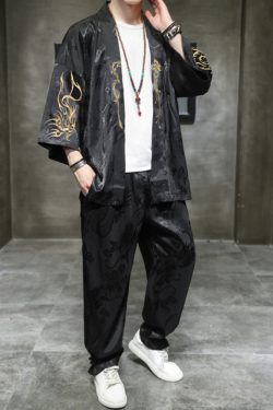 Y2K Grunge Black Kimono With Pants - Retro 90S Summer Outfit, Gothic Y2K Fashion