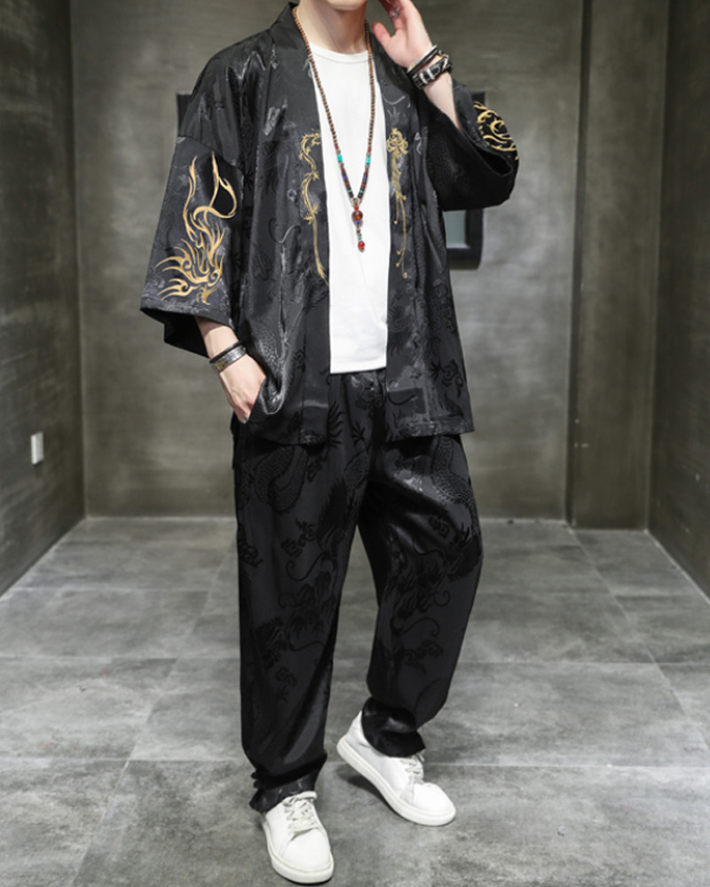 Y2K Grunge Black Kimono With Pants - Retro 90S Summer Outfit, Gothic Y2K Fashion