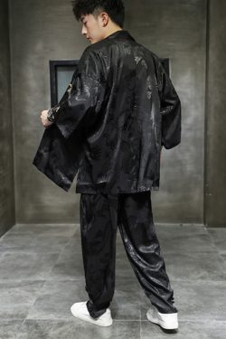 Y2K Grunge Black Kimono With Pants - Retro 90S Summer Outfit, Gothic Y2K Fashion