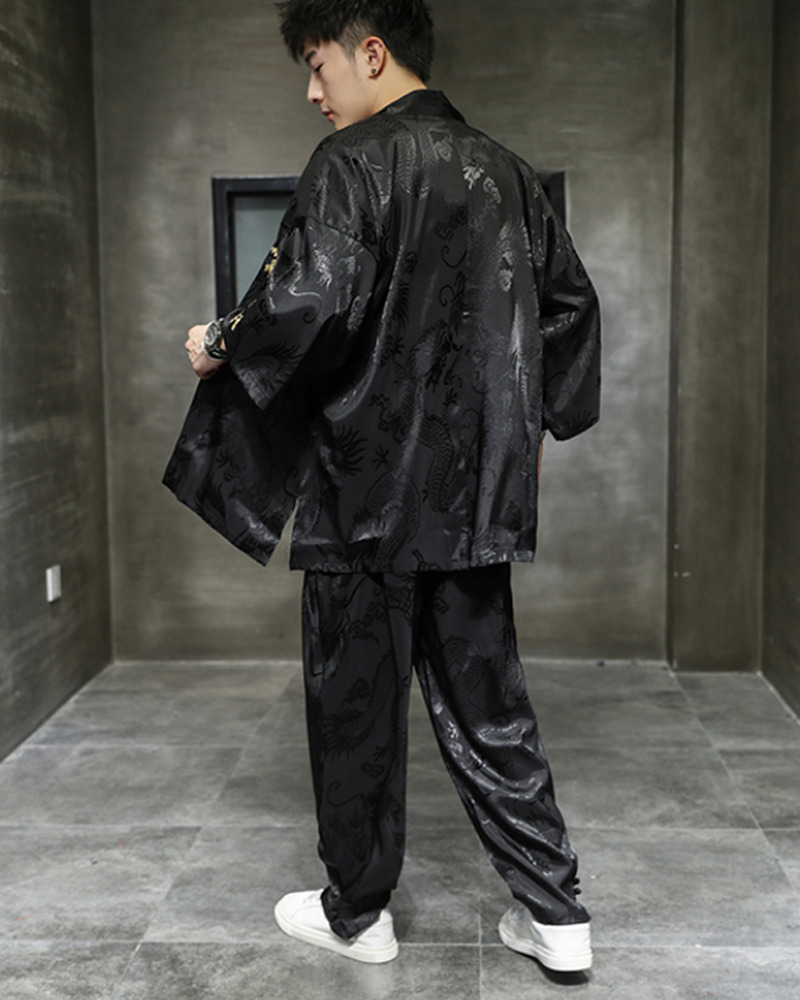 Y2K Grunge Black Kimono With Pants - Retro 90S Summer Outfit, Gothic Y2K Fashion