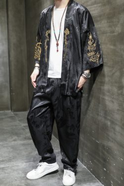 Y2K Grunge Black Kimono With Pants - Retro 90S Summer Outfit, Gothic Y2K Fashion
