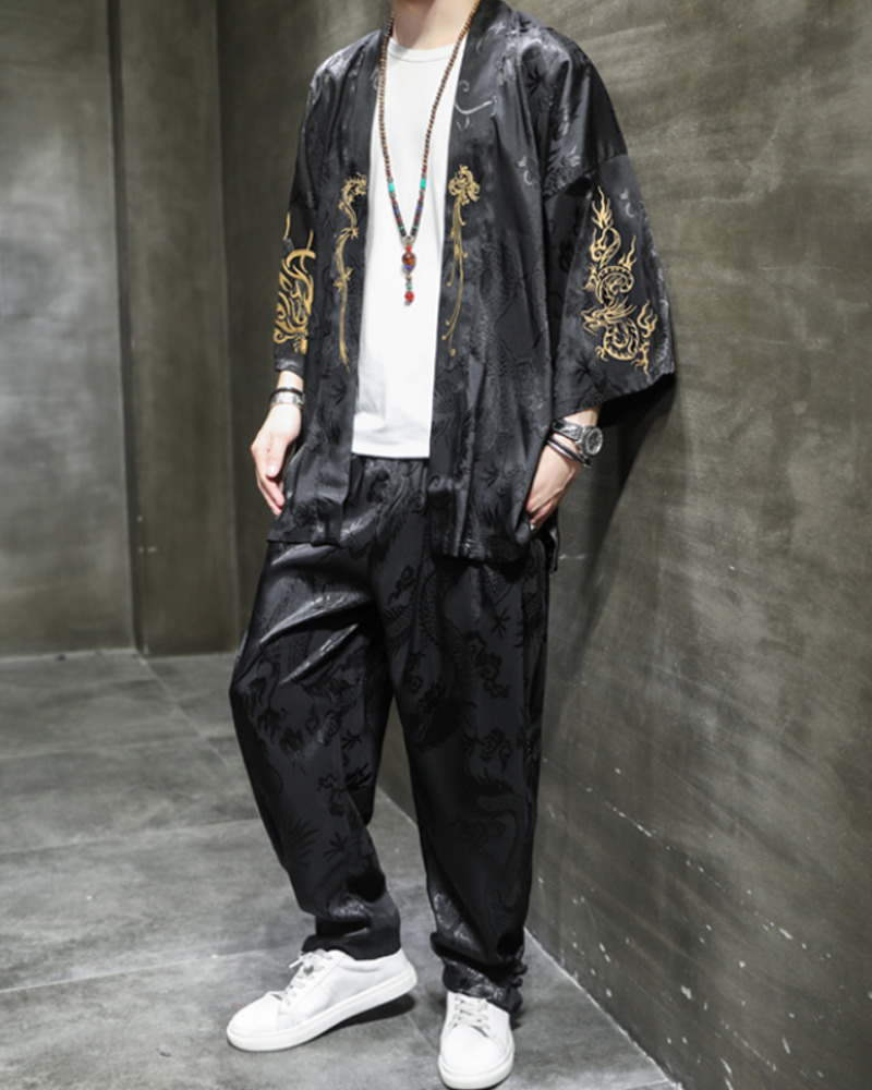 Y2K Grunge Black Kimono With Pants - Retro 90S Summer Outfit, Gothic Y2K Fashion
