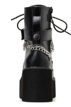 Y2K Grunge Black Leather Block Heel Boots With Chain - Retro 90S Fashion & Gothic Style