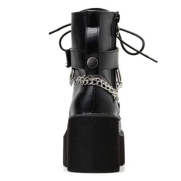 Y2K Grunge Black Leather Block Heel Boots With Chain - Retro 90S Fashion & Gothic Style Y2K Grunge Black Leather Block Heel Boots With Chain - Retro 90S Fashion & Gothic Style