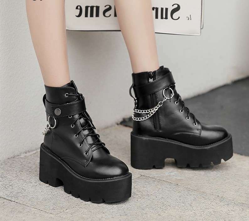 Y2K Grunge Black Leather Block Heel Boots With Chain - Retro 90S Fashion & Gothic Style Y2K Grunge Black Leather Block Heel Boots With Chain - Retro 90S Fashion & Gothic Style