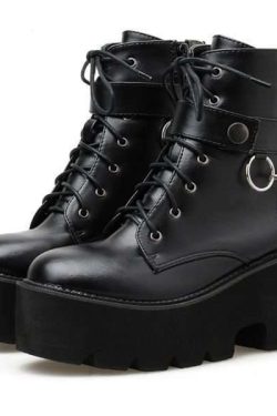 Y2K Grunge Black Leather Block Heel Boots With Chain - Retro 90S Fashion & Gothic Style