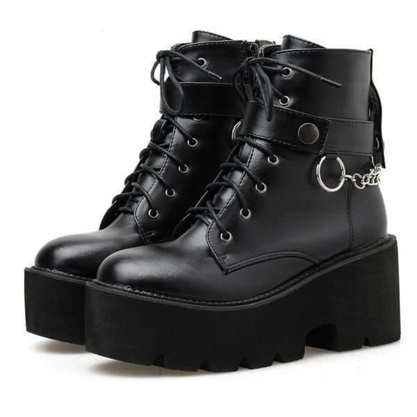 Y2K Grunge Black Leather Block Heel Boots With Chain - Retro 90S Fashion & Gothic Style Y2K Grunge Black Leather Block Heel Boots With Chain - Retro 90S Fashion & Gothic Style
