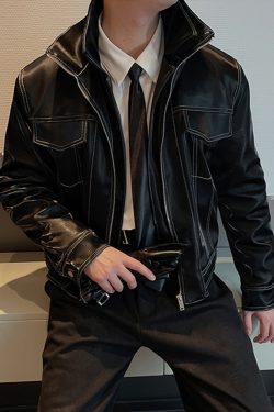 Y2K Grunge Black Leather Jacket With White Stitching - Retro 90S Fashion & Summer Outfits