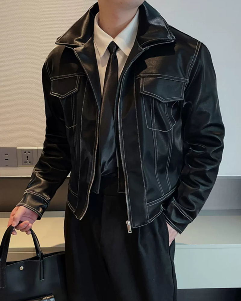 Y2K Grunge Black Leather Jacket With White Stitching - Retro 90S Fashion & Summer Outfits