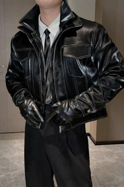 Y2K Grunge Black Leather Jacket With White Stitching - Retro 90S Fashion & Summer Outfits