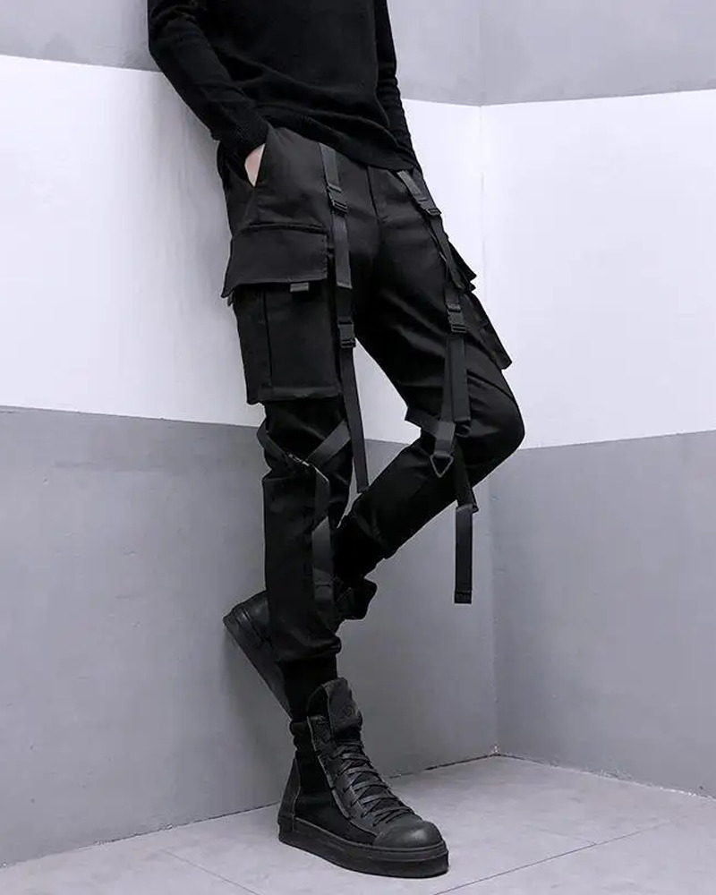 Y2K Grunge Black Pants With Straps - 90S Retro Summer Outfit, Gothic Y2K Fashion