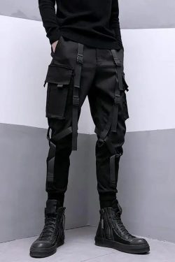 Y2K Grunge Black Pants With Straps - 90S Retro Summer Outfit, Gothic Y2K Fashion