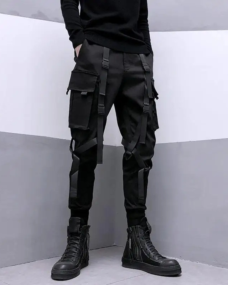 Y2K Grunge Black Pants With Straps - 90S Retro Summer Outfit, Gothic Y2K Fashion
